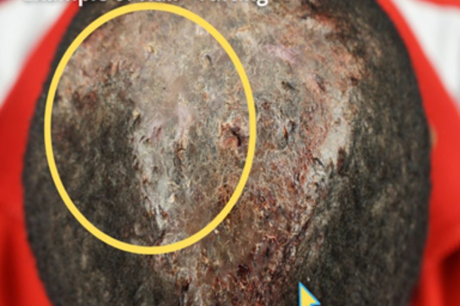 An illustration of hair ‘tufting’ and crusting scalp on a patient with severe Folliculitis Decalvans (FD).