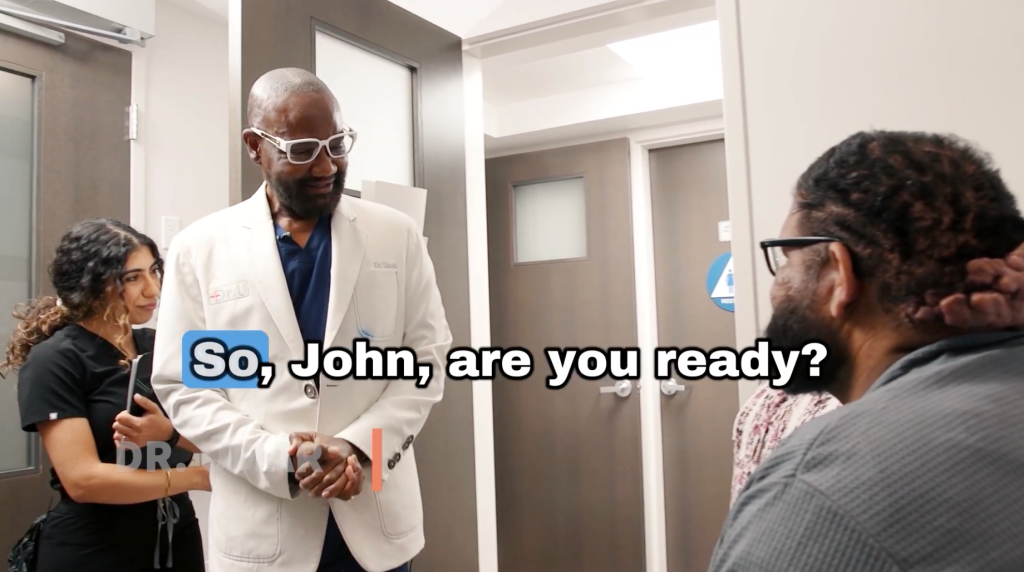 Dr. Sanusi Umar speaks with John before surgery and confirms the treatment plan addressing the chronic scalp inflammation.