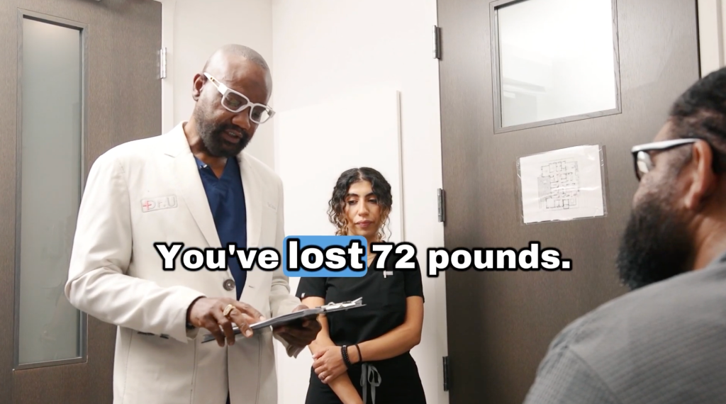 Dr. Sanusi Umar informs John that he has successfully lost over seventy pounds within four months of treatment.